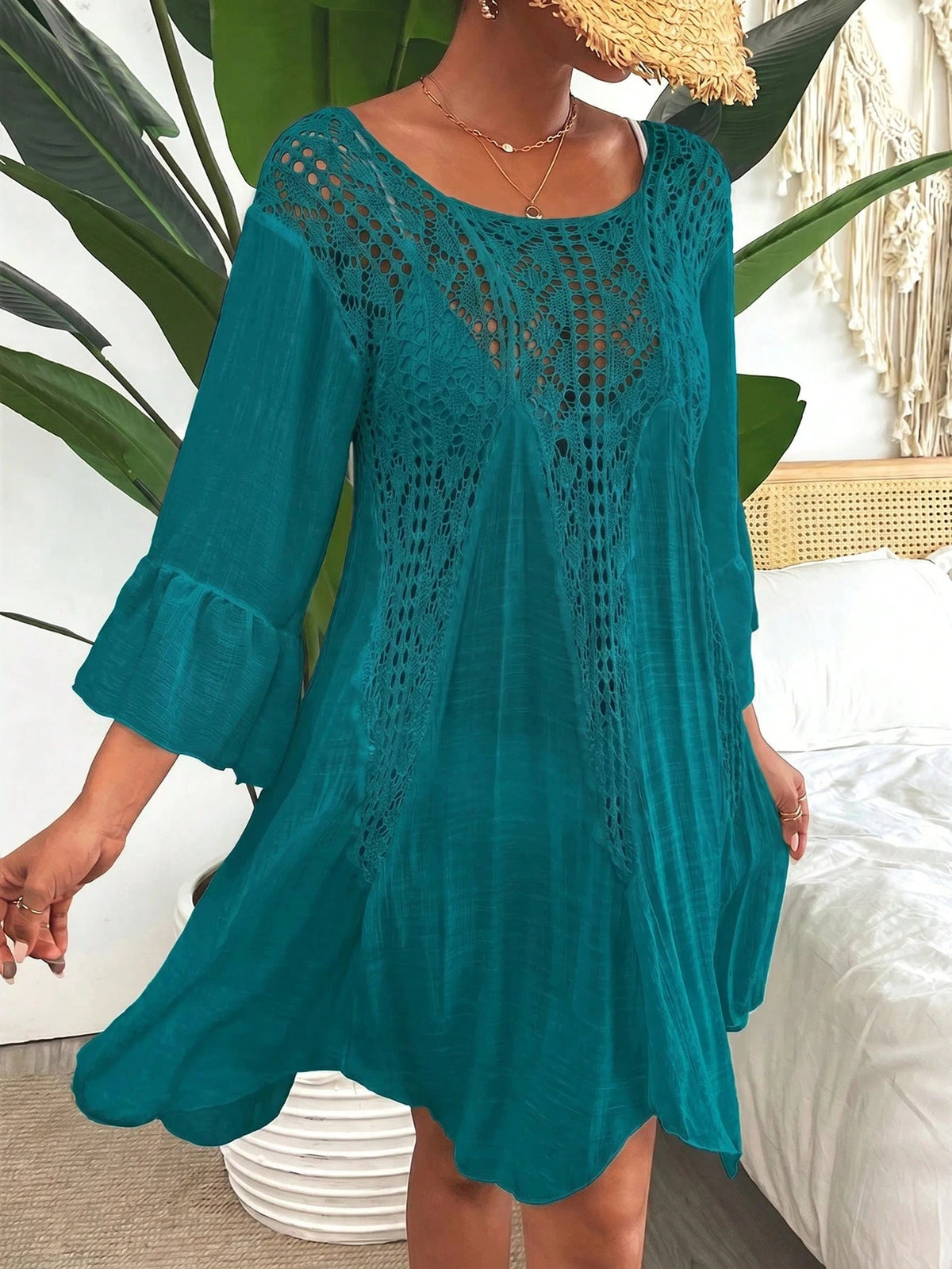 Swim Vcay Crochê Contraste Manga De Encampanada Vestido De Cobertura