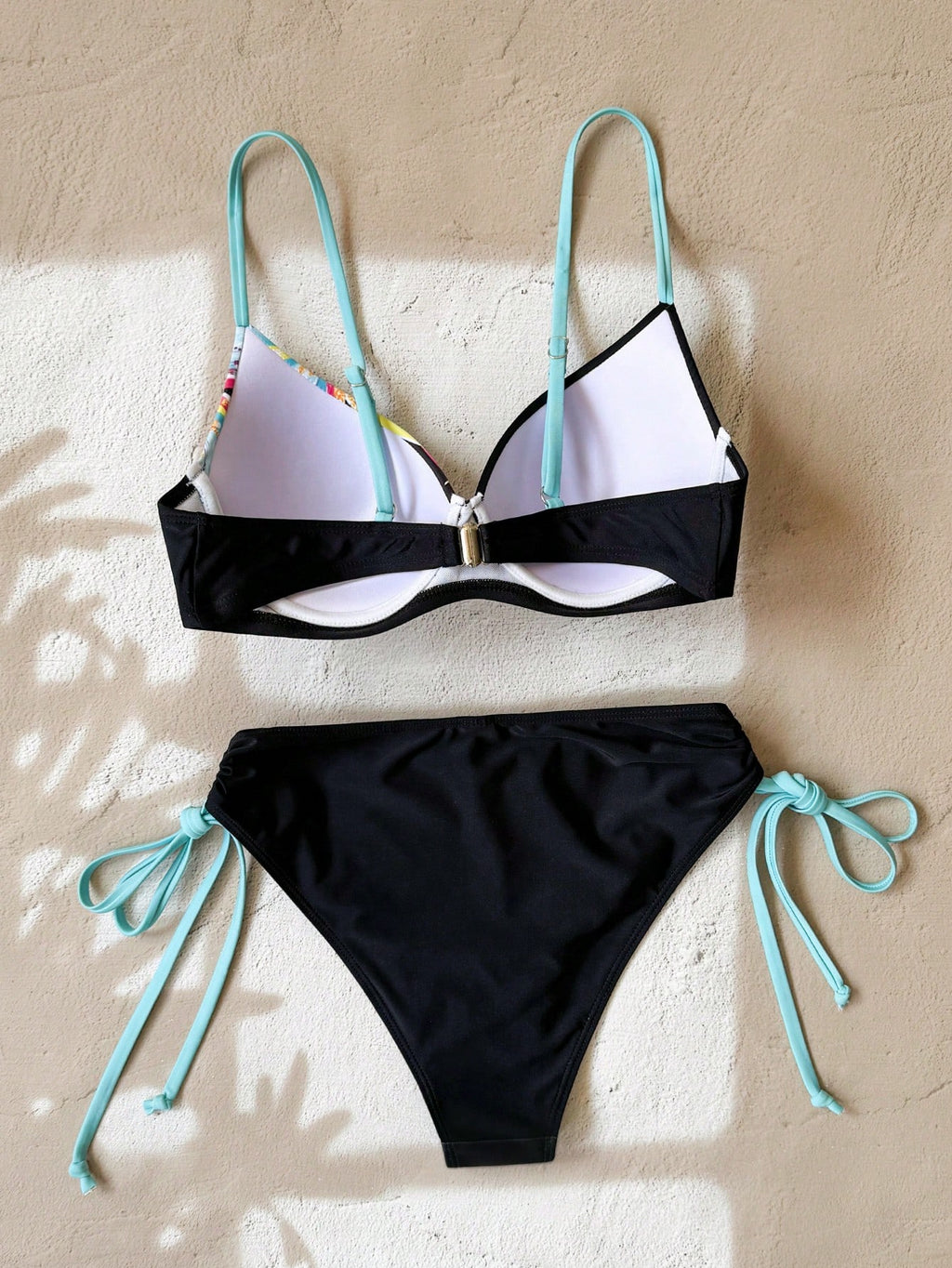 Swim Lushoire Conjunto de Maiô Feminino 2 Peças, Estampa Floral Azul & Branca, Com Aro, Alça Fina, Costas Abertas, Calcinha Cintura Alta com Design de Amarração Lateral, Adequado para Praia, Festa, Férias Casuais