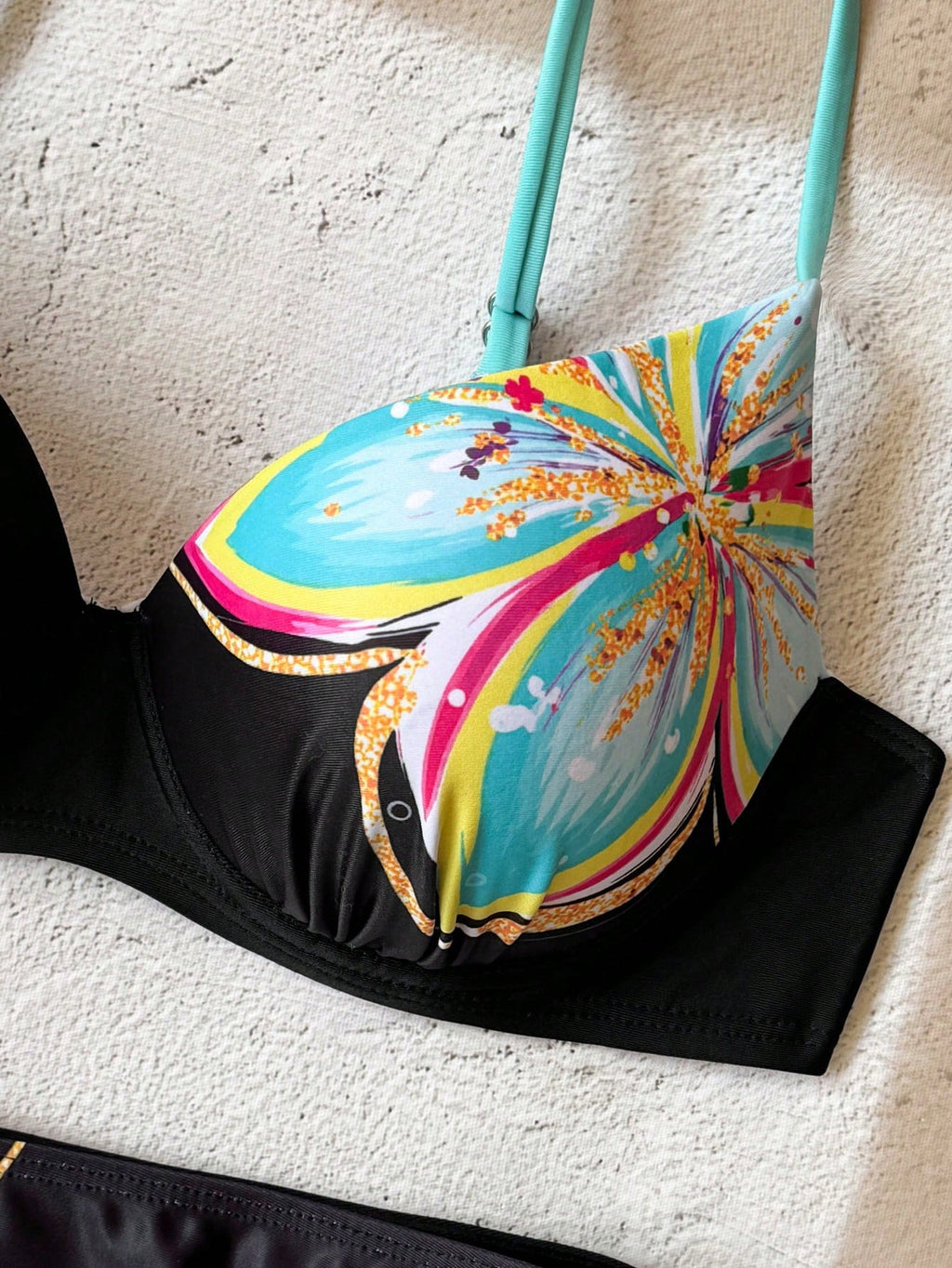Swim Lushoire Conjunto de Maiô Feminino 2 Peças, Estampa Floral Azul & Branca, Com Aro, Alça Fina, Costas Abertas, Calcinha Cintura Alta com Design de Amarração Lateral, Adequado para Praia, Festa, Férias Casuais
