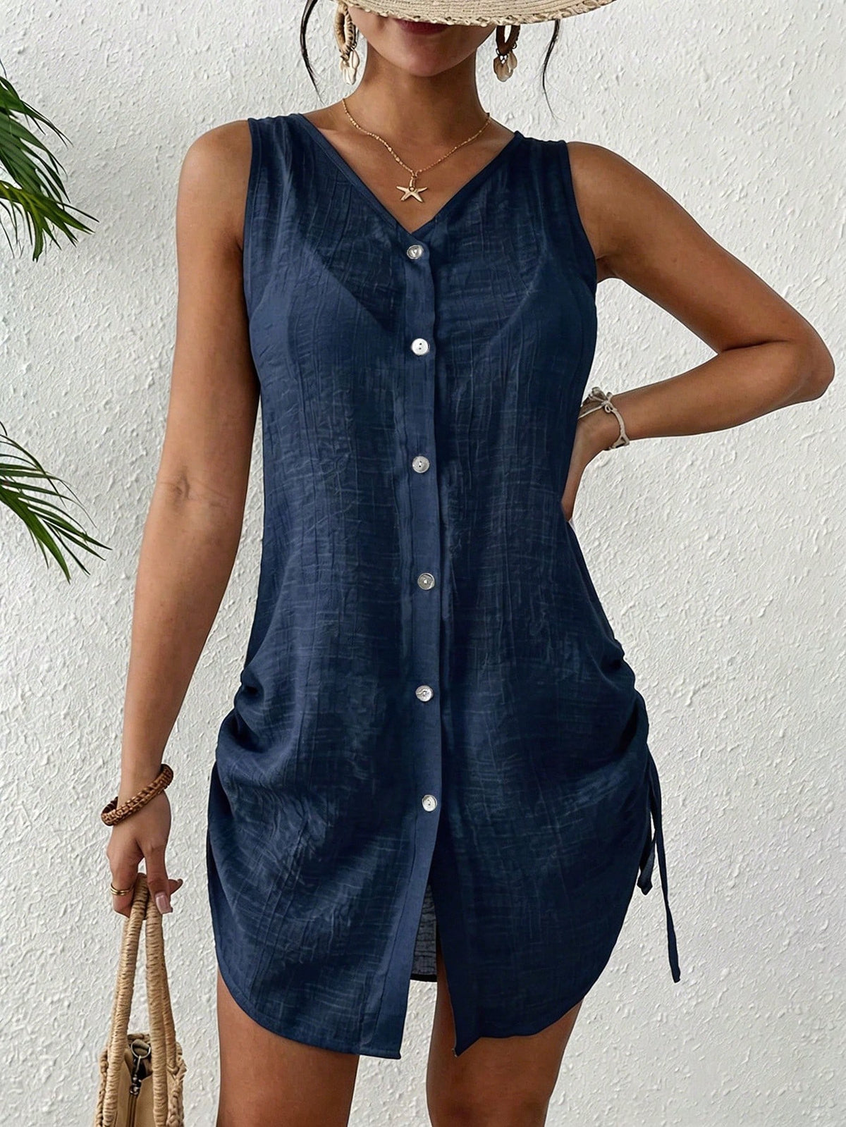 SHEIN Swim Vestido Kimono Feminino de Cor Sólida, Decote em V, Monopeito, Sem Mangas