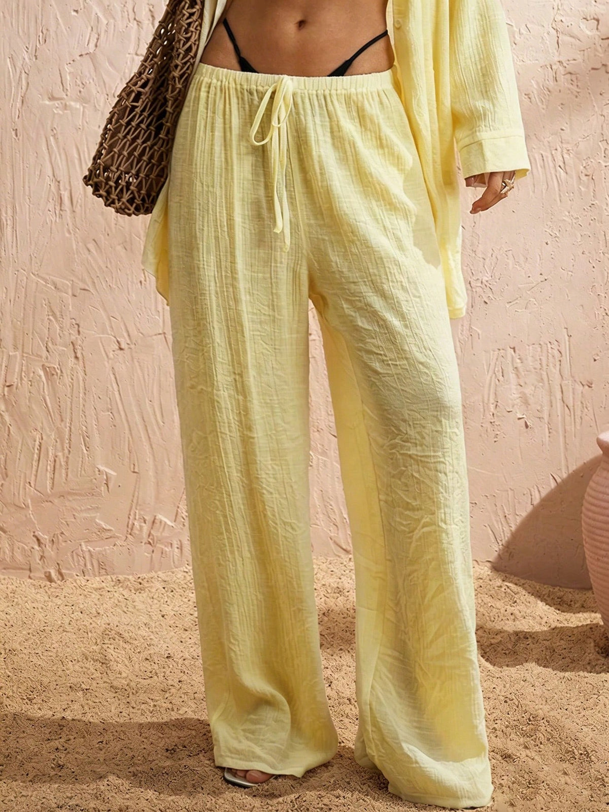 Swim Chiccia Calça Cobre-Tudo de Perna Larga com Cordão na Cintura em Chiffon Sólido de Verão para Mulheres, Praia