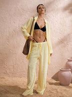 Swim Chiccia Calça Cobre-Tudo de Perna Larga com Cordão na Cintura em Chiffon Sólido de Verão para Mulheres, Praia