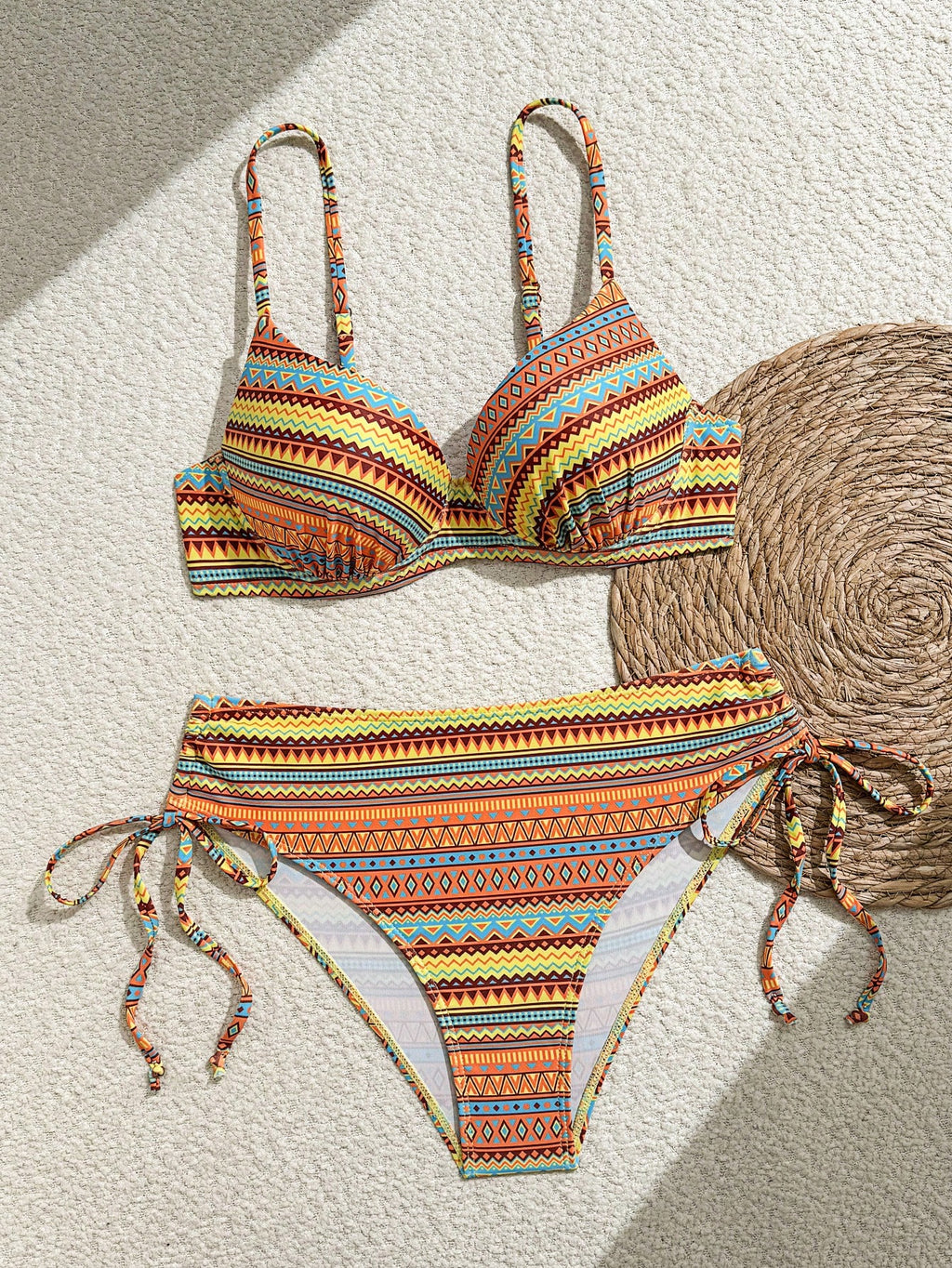 Swim Lushoire Conjunto de Maiô Feminino 2 Peças, Estampa Floral Azul & Branca, Com Aro, Alça Fina, Costas Abertas, Calcinha Cintura Alta com Design de Amarração Lateral, Adequado para Praia, Festa, Férias Casuais