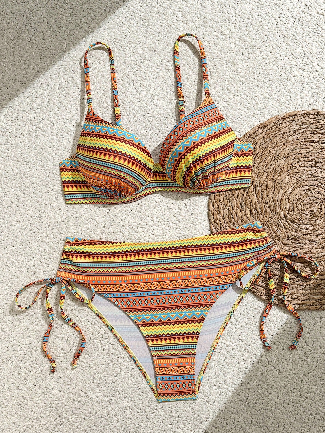 Swim Lushoire Conjunto de Maiô Feminino 2 Peças, Estampa Floral Azul & Branca, Com Aro, Alça Fina, Costas Abertas, Calcinha Cintura Alta com Design de Amarração Lateral, Adequado para Praia, Festa, Férias Casuais