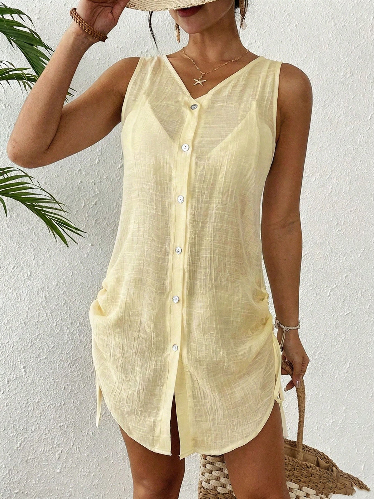 SHEIN Swim Vestido Kimono Feminino de Cor Sólida, Decote em V, Monopeito, Sem Mangas