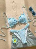Swim Mod Conjunto de Maiô Bikini de 2 Peças com Tecido Texturizado, Babado, Laço na Frente, Cordão na Cintura, Fofo, Doce, Fashion, Animado para Festa