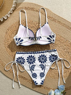 Swim Lushoire Conjunto de Maiô Feminino 2 Peças, Estampa Floral Azul & Branca, Com Aro, Alça Fina, Costas Abertas, Calcinha Cintura Alta com Design de Amarração Lateral, Adequado para Praia, Festa, Férias Casuais