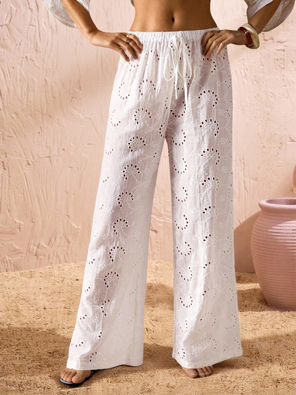 Swim Chiccia Calça Cobre-Tudo de Perna Larga com Cordão na Cintura em Chiffon Sólido de Verão para Mulheres, Praia