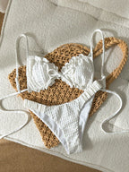 Swim Mod Conjunto de Maiô Bikini de 2 Peças com Tecido Texturizado, Babado, Laço na Frente, Cordão na Cintura, Fofo, Doce, Fashion, Animado para Festa