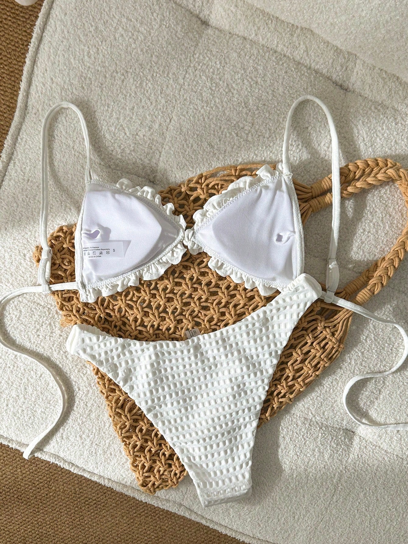 Swim Mod Conjunto de Maiô Bikini de 2 Peças com Tecido Texturizado, Babado, Laço na Frente, Cordão na Cintura, Fofo, Doce, Fashion, Animado para Festa