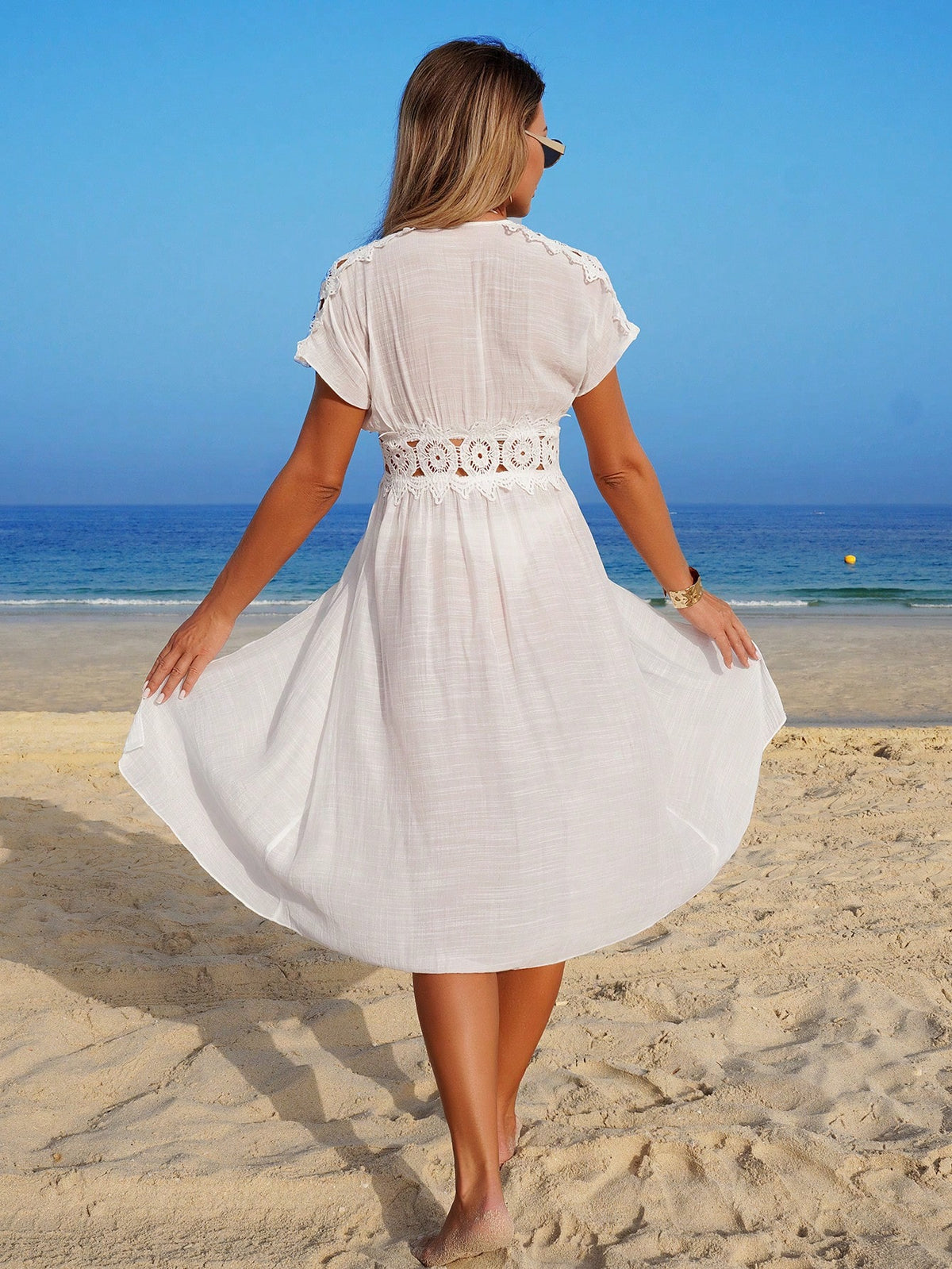 Swim Lushoire Vestido Médio Feminino com Mangas de Borboleta, Bainha de Renda Retalho, Cintura Marcada e Solto / Capa de Praia