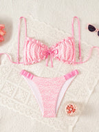 Swim Mod Conjunto de Maiô Bikini de 2 Peças com Tecido Texturizado, Babado, Laço na Frente, Cordão na Cintura, Fofo, Doce, Fashion, Animado para Festa