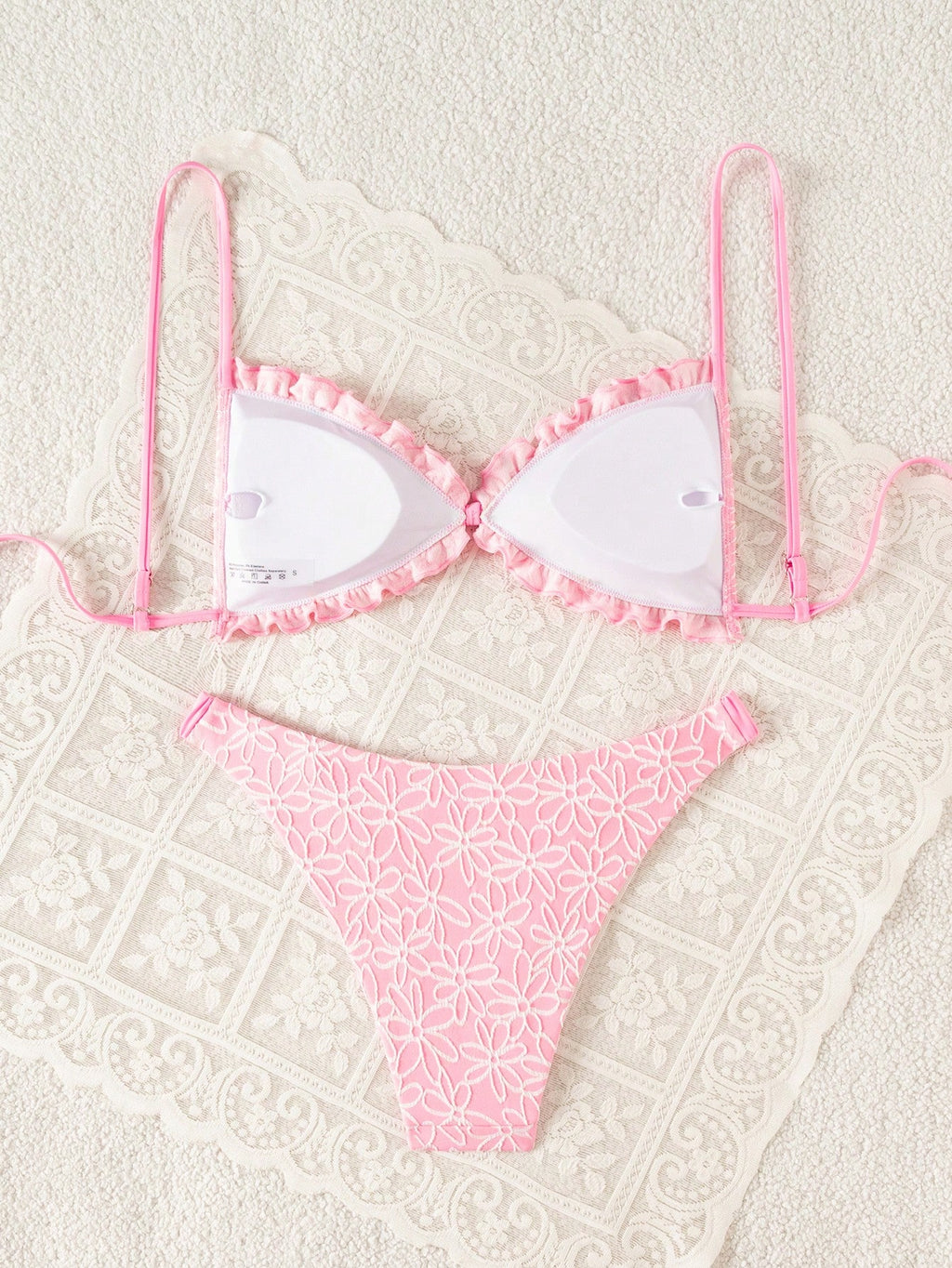Swim Mod Conjunto de Maiô Bikini de 2 Peças com Tecido Texturizado, Babado, Laço na Frente, Cordão na Cintura, Fofo, Doce, Fashion, Animado para Festa