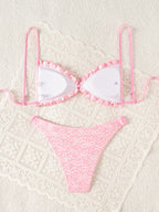 Swim Mod Conjunto de Maiô Bikini de 2 Peças com Tecido Texturizado, Babado, Laço na Frente, Cordão na Cintura, Fofo, Doce, Fashion, Animado para Festa