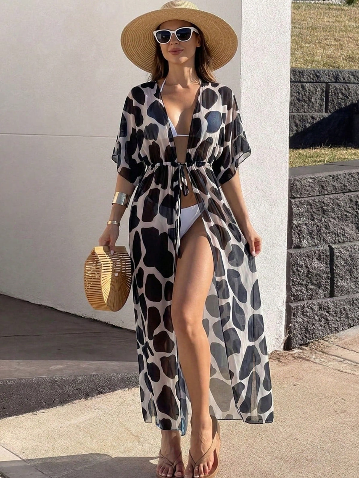 Swim Lushoire Verão Praia Férias Lazer Kimono com Cintura Cordão em Malha Transparente