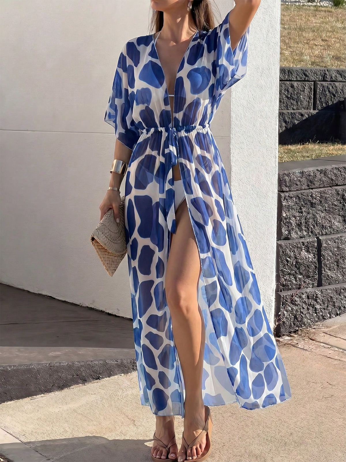 Swim Lushoire Verão Praia Férias Lazer Kimono com Cintura Cordão em Malha Transparente