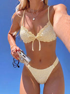 Swim Mod Conjunto de Maiô Bikini de 2 Peças com Tecido Texturizado, Babado, Laço na Frente, Cordão na Cintura, Fofo, Doce, Fashion, Animado para Festa