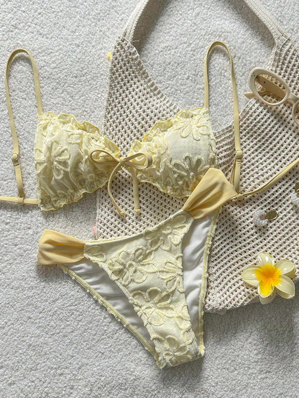 Swim Mod Conjunto de Maiô Bikini de 2 Peças com Tecido Texturizado, Babado, Laço na Frente, Cordão na Cintura, Fofo, Doce, Fashion, Animado para Festa