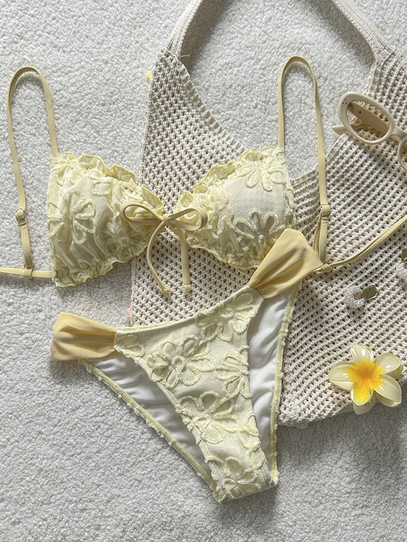 Swim Mod Conjunto de Maiô Bikini de 2 Peças com Tecido Texturizado, Babado, Laço na Frente, Cordão na Cintura, Fofo, Doce, Fashion, Animado para Festa