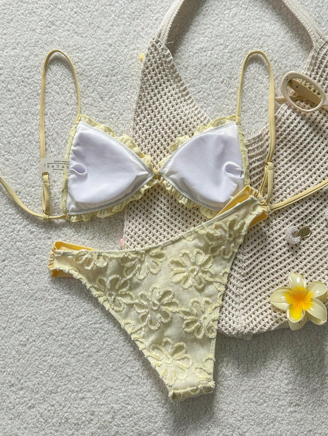 Swim Mod Conjunto de Maiô Bikini de 2 Peças com Tecido Texturizado, Babado, Laço na Frente, Cordão na Cintura, Fofo, Doce, Fashion, Animado para Festa