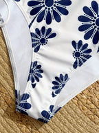 Swim Lushoire Conjunto de Maiô Feminino 2 Peças, Estampa Floral Azul & Branca, Com Aro, Alça Fina, Costas Abertas, Calcinha Cintura Alta com Design de Amarração Lateral, Adequado para Praia, Festa, Férias Casuais