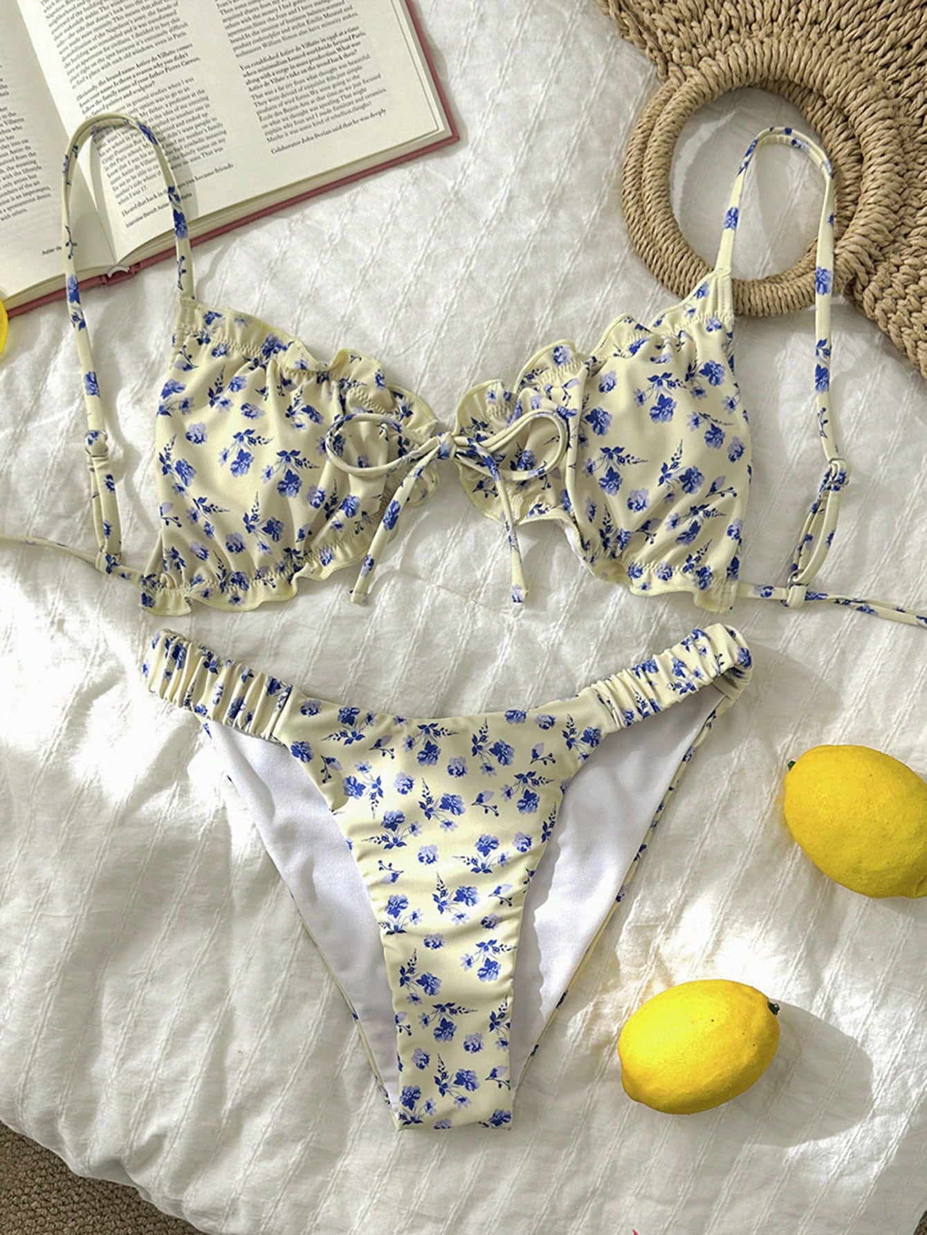 Swim Mod Conjunto de Maiô Bikini de 2 Peças com Tecido Texturizado, Babado, Laço na Frente, Cordão na Cintura, Fofo, Doce, Fashion, Animado para Festa