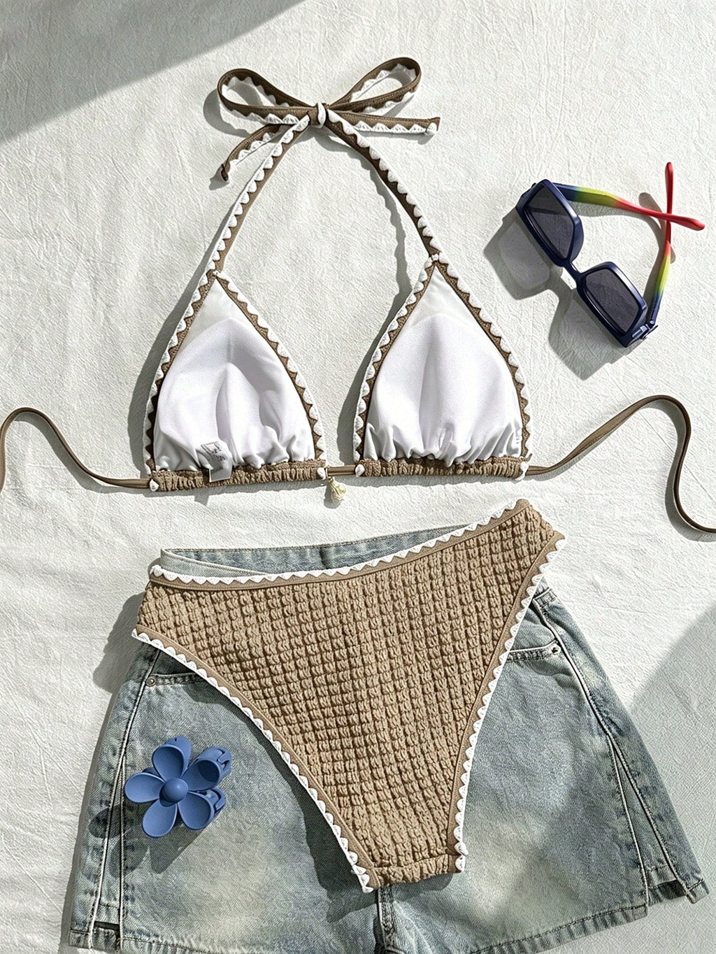 Swim Vcay Conjunto de Maiô Bikini Feminino, Tecido Especial com Design de Alça, Amarração e Costas Abertas, 2 Peças Conjunto de Praia para Férias de Verão