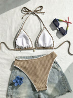 Swim Vcay Conjunto de Maiô Bikini Feminino, Tecido Especial com Design de Alça, Amarração e Costas Abertas, 2 Peças Conjunto de Praia para Férias de Verão