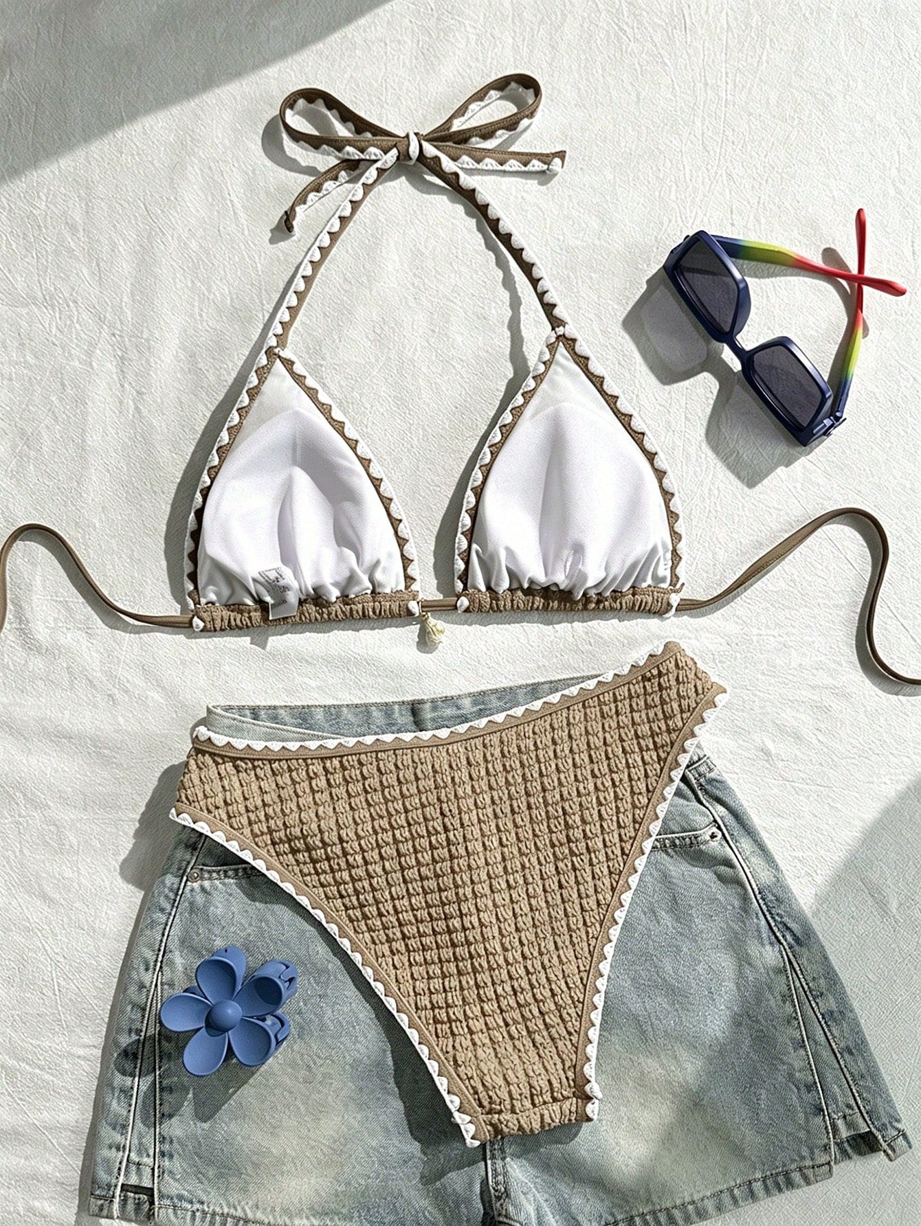 Swim Vcay Conjunto de Maiô Bikini Feminino, Tecido Especial com Design de Alça, Amarração e Costas Abertas, 2 Peças Conjunto de Praia para Férias de Verão