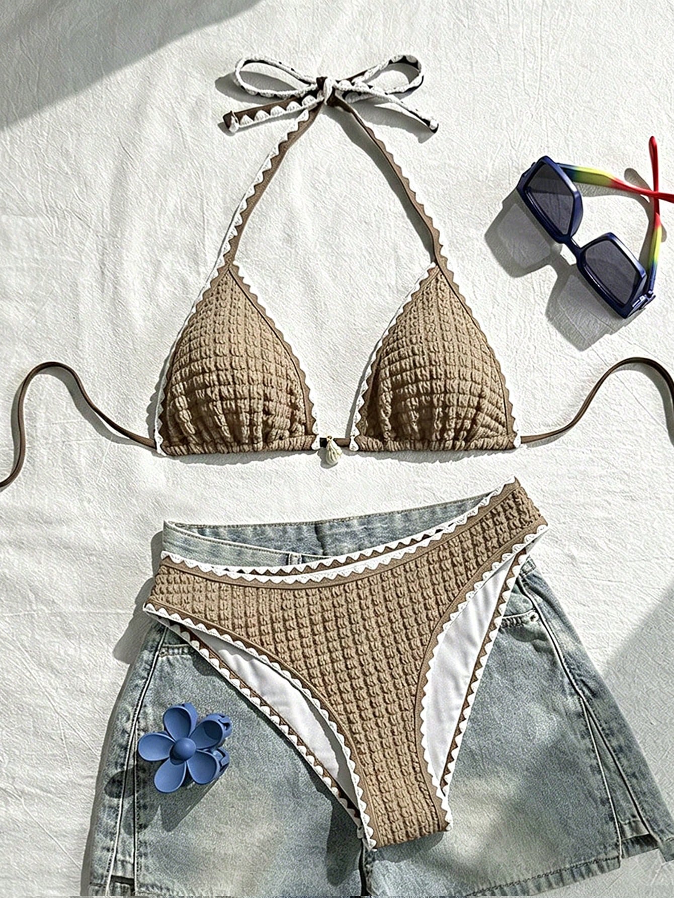 Swim Vcay Conjunto de Maiô Bikini Feminino, Tecido Especial com Design de Alça, Amarração e Costas Abertas, 2 Peças Conjunto de Praia para Férias de Verão