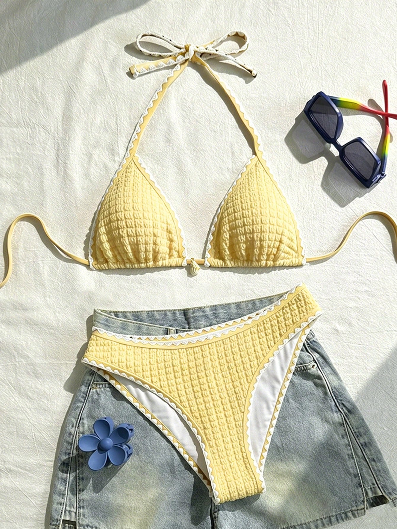 Swim Vcay Conjunto de Maiô Bikini Feminino, Tecido Especial com Design de Alça, Amarração e Costas Abertas, 2 Peças Conjunto de Praia para Férias de Verão