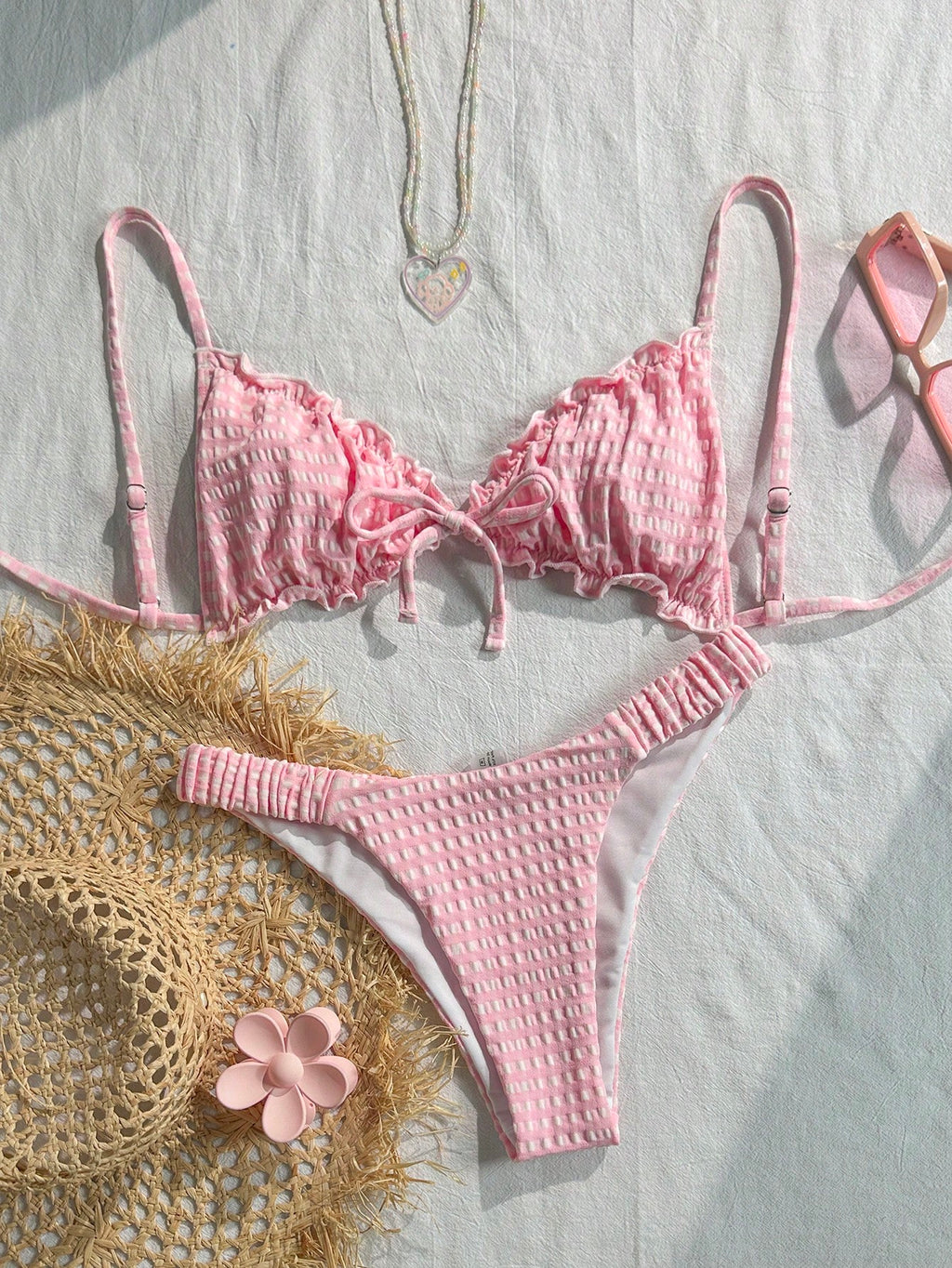 Swim Mod Conjunto de Maiô Bikini de 2 Peças com Tecido Texturizado, Babado, Laço na Frente, Cordão na Cintura, Fofo, Doce, Fashion, Animado para Festa