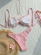Swim Mod Conjunto de Maiô Bikini de 2 Peças com Tecido Texturizado, Babado, Laço na Frente, Cordão na Cintura, Fofo, Doce, Fashion, Animado para Festa
