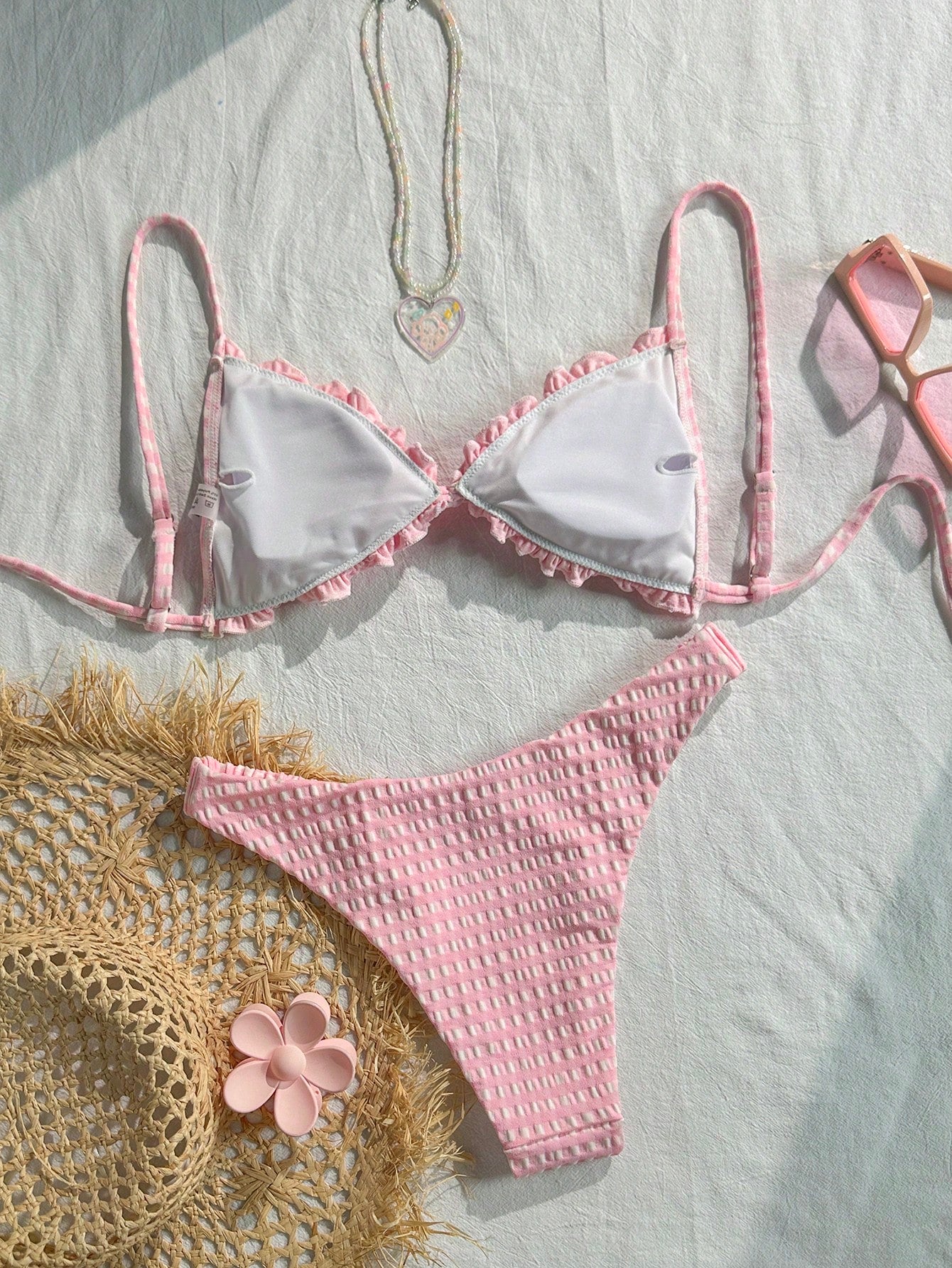 Swim Mod Conjunto de Maiô Bikini de 2 Peças com Tecido Texturizado, Babado, Laço na Frente, Cordão na Cintura, Fofo, Doce, Fashion, Animado para Festa