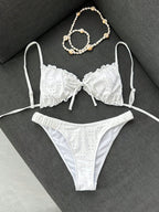 Swim Mod Conjunto de Maiô Bikini de 2 Peças com Tecido Texturizado, Babado, Laço na Frente, Cordão na Cintura, Fofo, Doce, Fashion, Animado para Festa