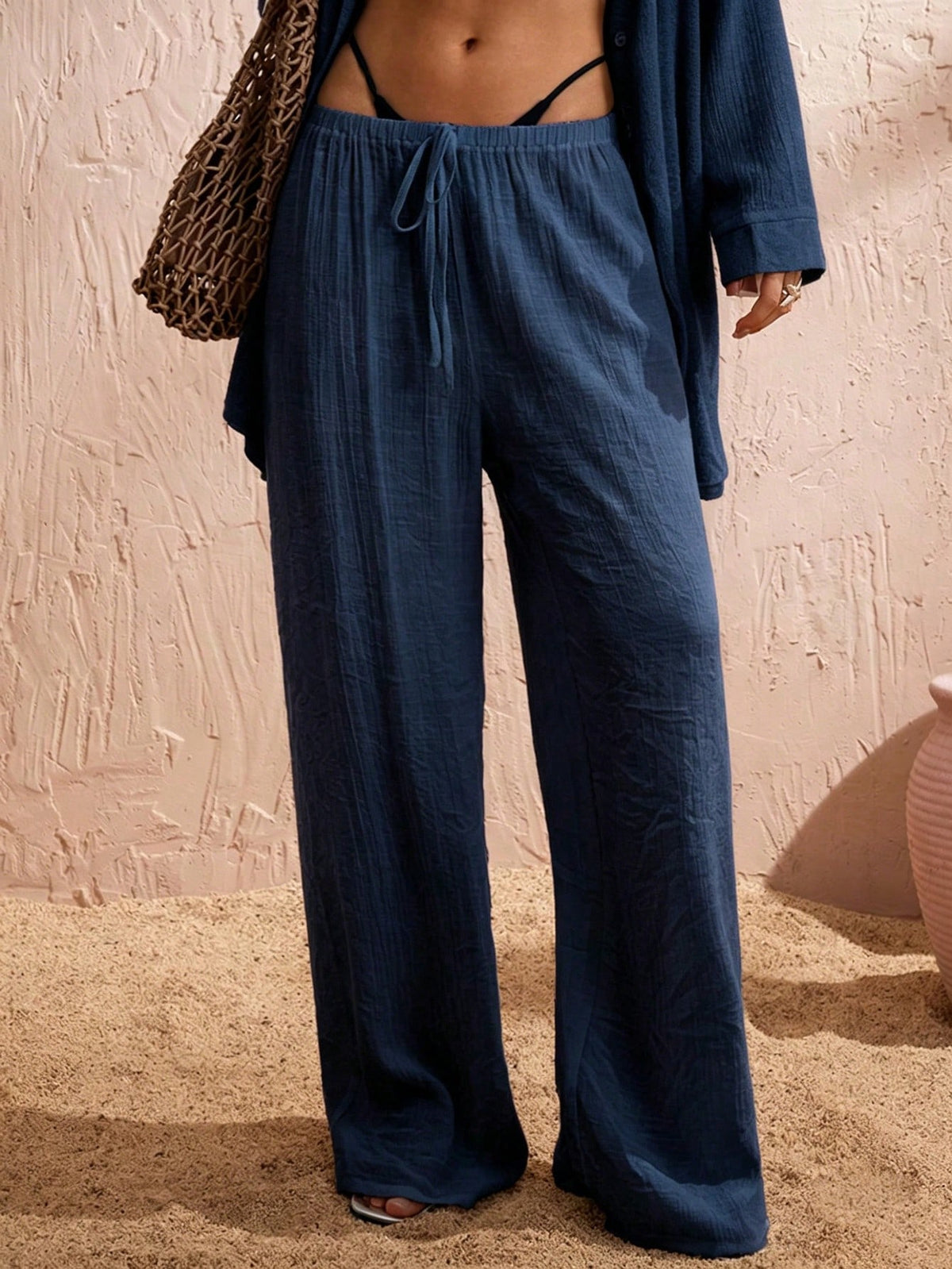 Swim Chiccia Calça Cobre-Tudo de Perna Larga com Cordão na Cintura em Chiffon Sólido de Verão para Mulheres, Praia