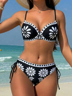 Swim Lushoire Conjunto de Maiô Feminino 2 Peças, Estampa Floral Azul & Branca, Com Aro, Alça Fina, Costas Abertas, Calcinha Cintura Alta com Design de Amarração Lateral, Adequado para Praia, Festa, Férias Casuais