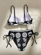 Swim Lushoire Conjunto de Maiô Feminino 2 Peças, Estampa Floral Azul & Branca, Com Aro, Alça Fina, Costas Abertas, Calcinha Cintura Alta com Design de Amarração Lateral, Adequado para Praia, Festa, Férias Casuais