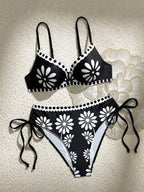 Swim Lushoire Conjunto de Maiô Feminino 2 Peças, Estampa Floral Azul & Branca, Com Aro, Alça Fina, Costas Abertas, Calcinha Cintura Alta com Design de Amarração Lateral, Adequado para Praia, Festa, Férias Casuais
