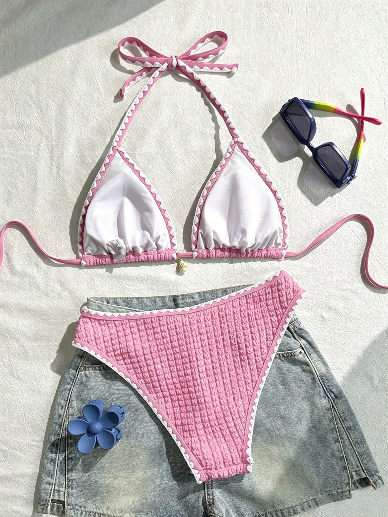 Swim Vcay Conjunto de Maiô Bikini Feminino, Tecido Especial com Design de Alça, Amarração e Costas Abertas, 2 Peças Conjunto de Praia para Férias de Verão