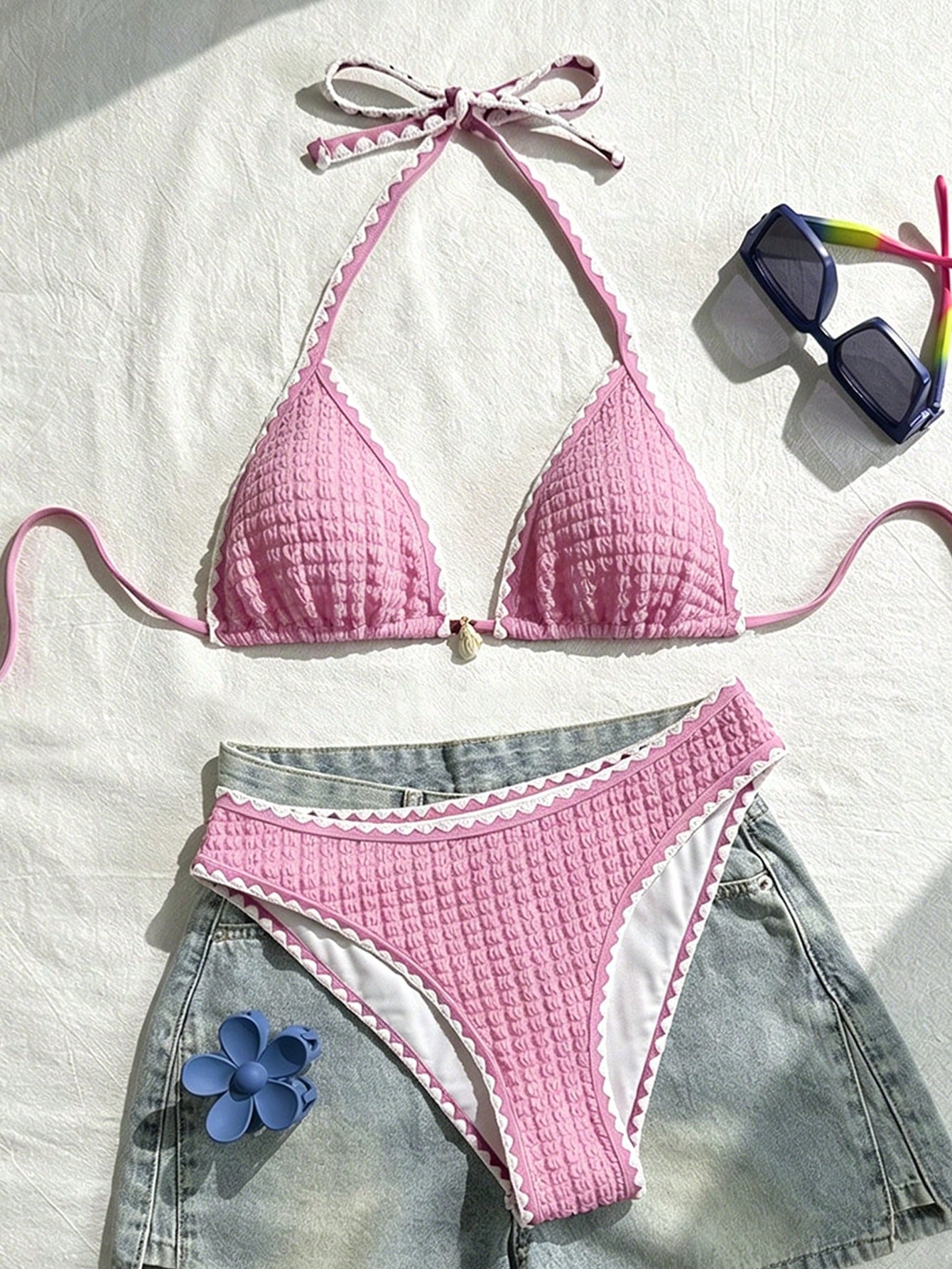 Swim Vcay Conjunto de Maiô Bikini Feminino, Tecido Especial com Design de Alça, Amarração e Costas Abertas, 2 Peças Conjunto de Praia para Férias de Verão