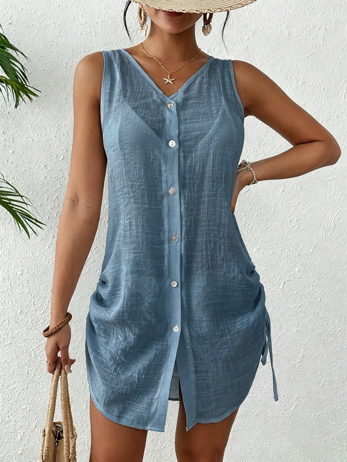 SHEIN Swim Vestido Kimono Feminino de Cor Sólida, Decote em V, Monopeito, Sem Mangas