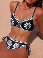 Swim Lushoire Conjunto de Maiô Feminino 2 Peças, Estampa Floral Azul & Branca, Com Aro, Alça Fina, Costas Abertas, Calcinha Cintura Alta com Design de Amarração Lateral, Adequado para Praia, Festa, Férias Casuais