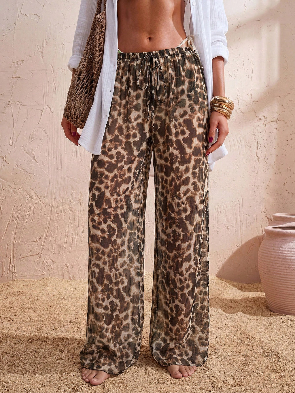 Swim Chiccia Calça Cobre-Tudo de Perna Larga com Cordão na Cintura em Chiffon Sólido de Verão para Mulheres, Praia