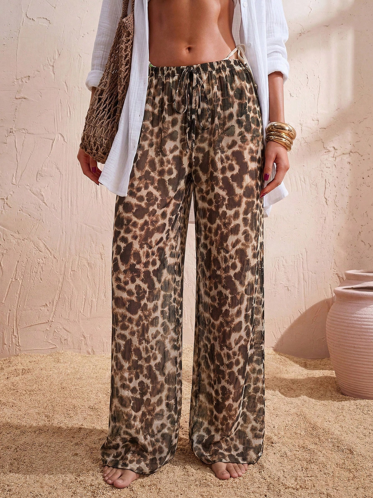 Swim Chiccia Calça Cobre-Tudo de Perna Larga com Cordão na Cintura em Chiffon Sólido de Verão para Mulheres, Praia
