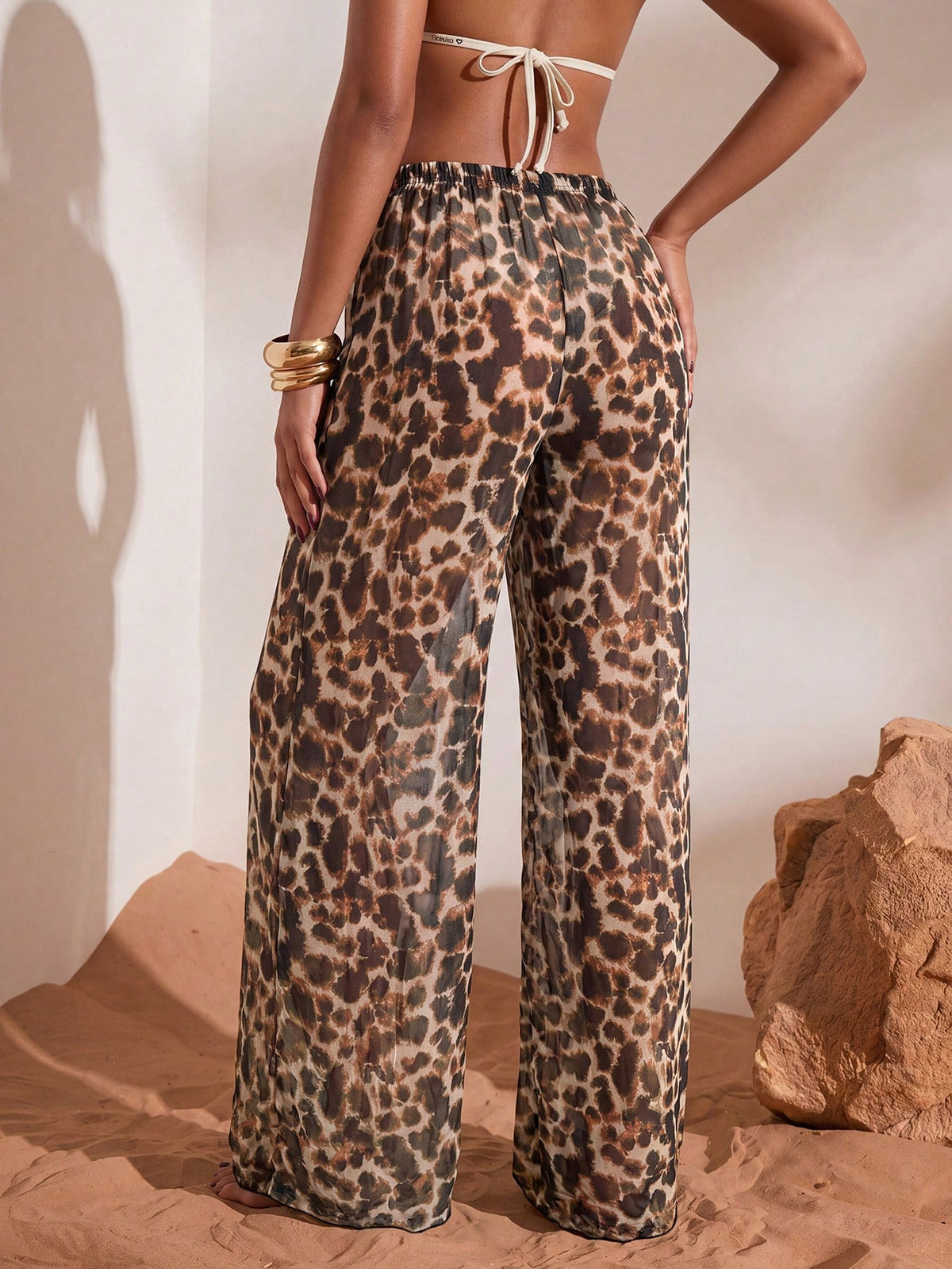 Swim Chiccia Calça Cobre-Tudo de Perna Larga com Cordão na Cintura em Chiffon Sólido de Verão para Mulheres, Praia