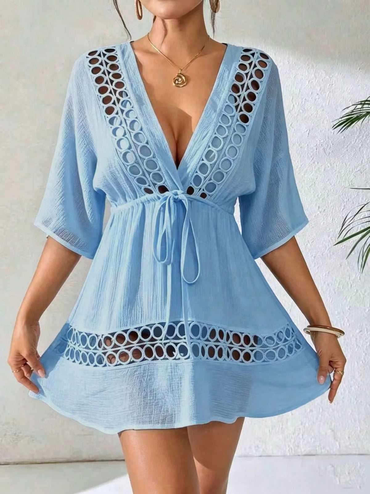 SHEIN Swim Capa Casual com Decote em V Profundo Preto Feminina, Primavera/Verão