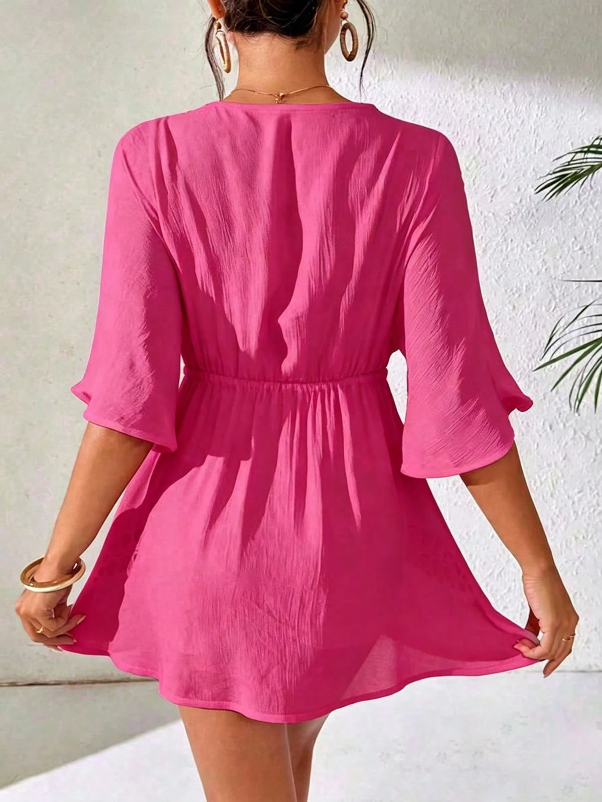 SHEIN Swim Capa Casual com Decote em V Profundo Preto Feminina, Primavera/Verão