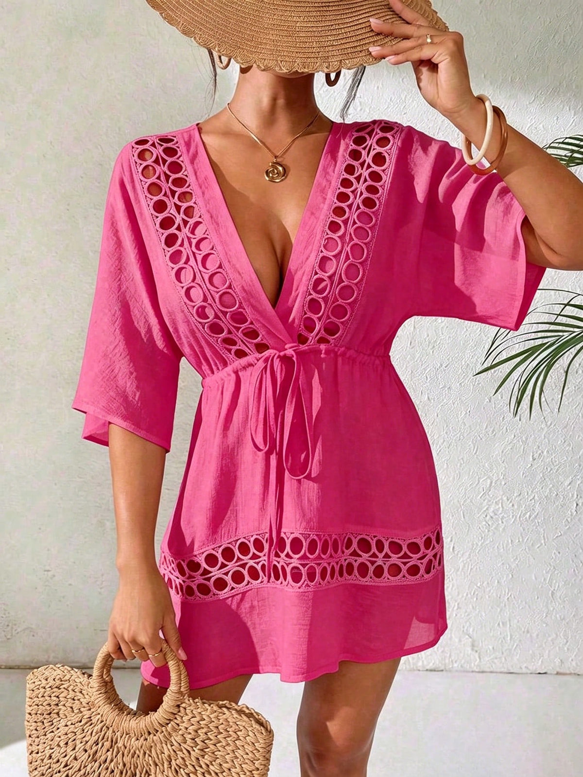 SHEIN Swim Capa Casual com Decote em V Profundo Preto Feminina, Primavera/Verão