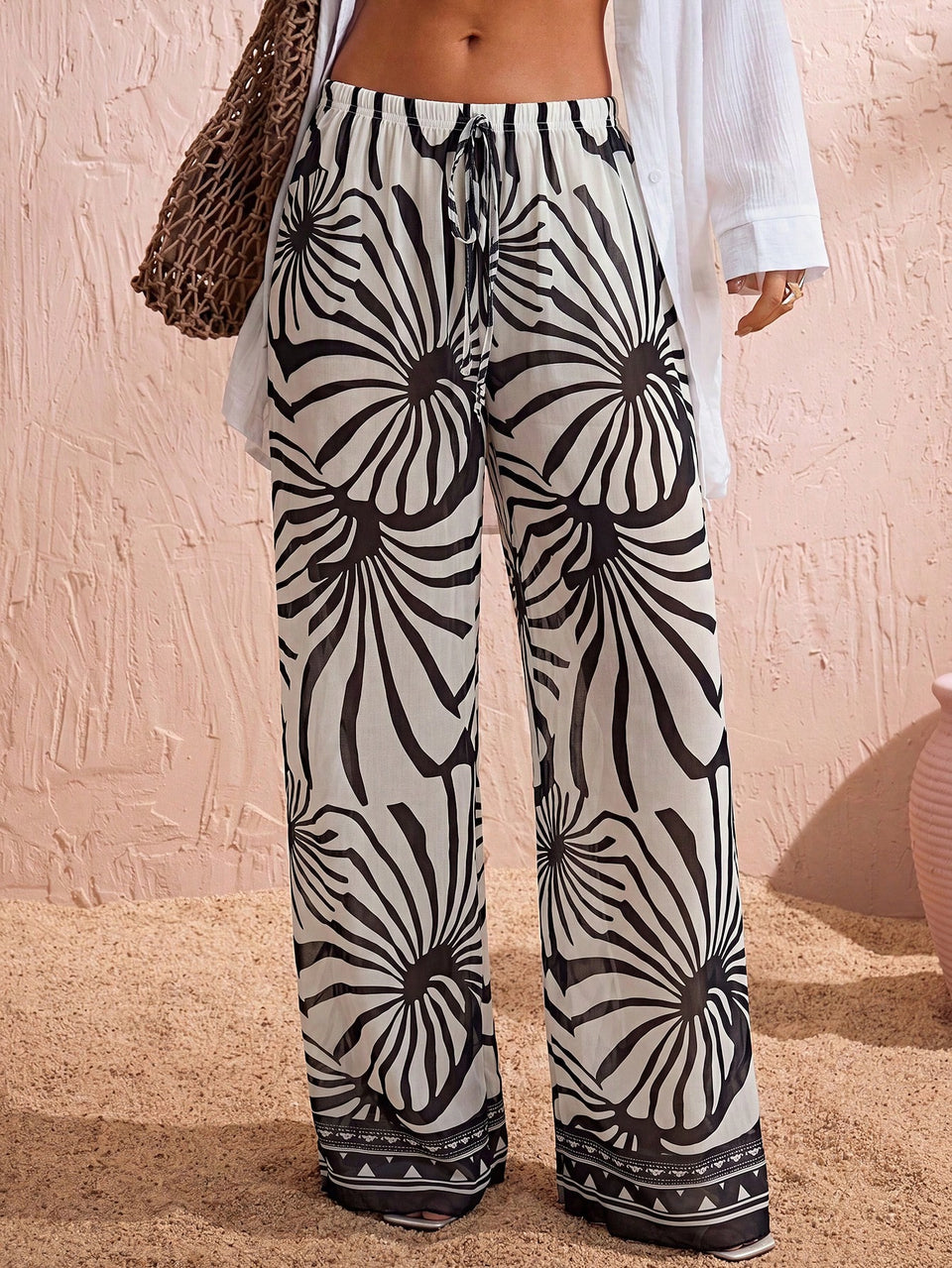 Swim Chiccia Calça Cobre-Tudo de Perna Larga com Cordão na Cintura em Chiffon Sólido de Verão para Mulheres, Praia